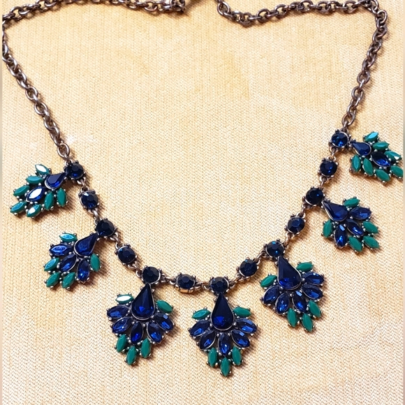 Signed J. Crew Blue/Green Rhinestone Flower Necklace - Picture 2 of 12